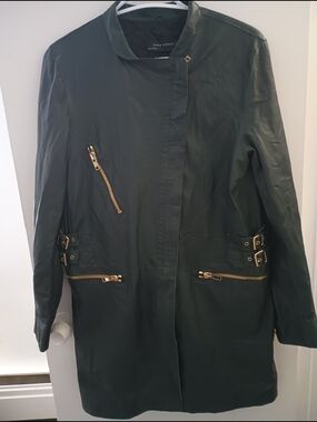 Zara Dark Green Long Leather Jacket  Size M